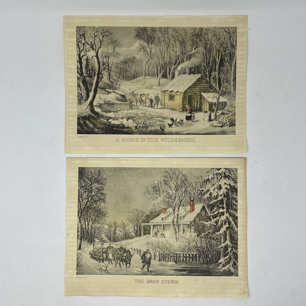Currier Ives Lithograph Print VTG Folk Art Cottage Americana‎ Set of 2 Unframed